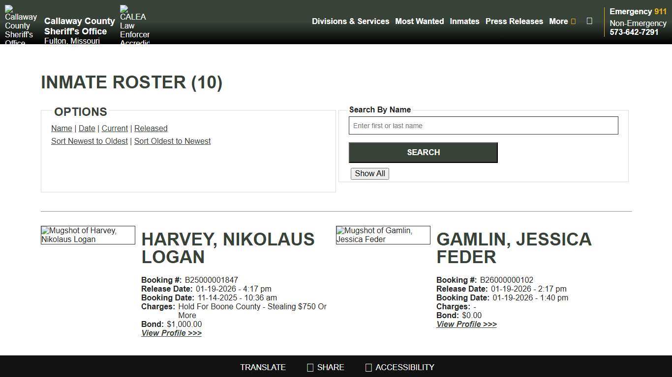 Inmate Roster - Released Inmates Booking Date Descending - Callaway County Sheriff's Office, Missouri