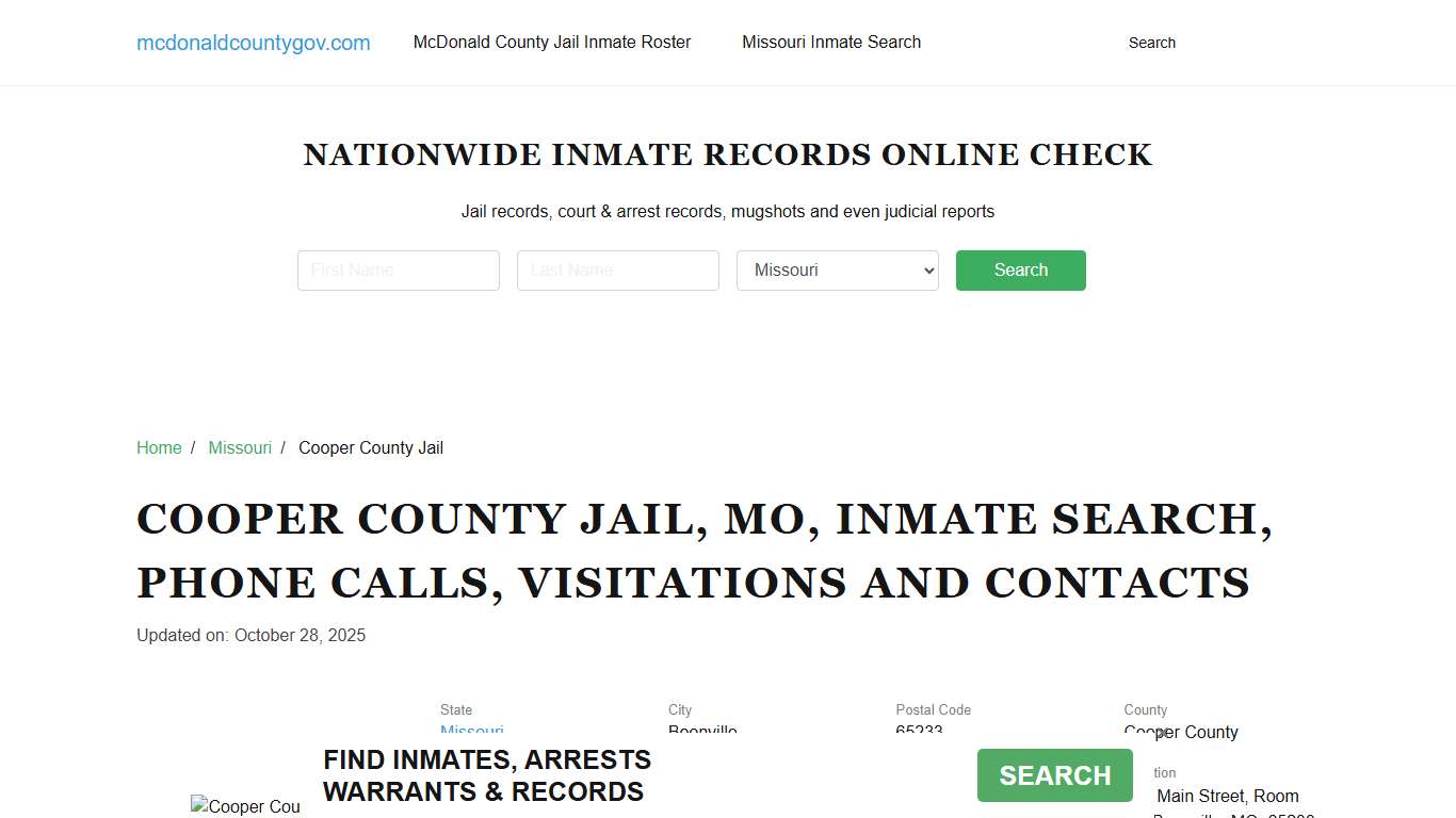 Cooper County Jail, MO, Inmate Search, Contacts